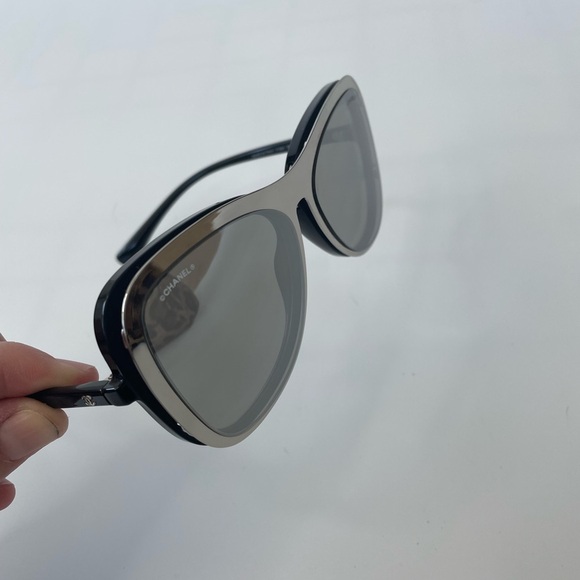 CHANEL | CLIP ON MIRROR SUNGLASSES | SILVER | AUTHENTIC - Picture 2 of 10